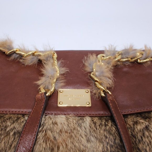 Michael Kors Shoulder Bag Purse Logo Satchel Brown Leather Rabbit Fur Messenger - Picture 9 of 12